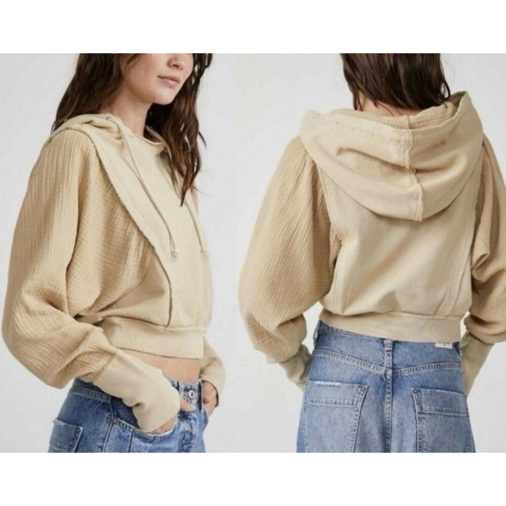 Free People Love Letter Hoodie Large Nomadic Desert Beige Gauze Sleeve Pullover